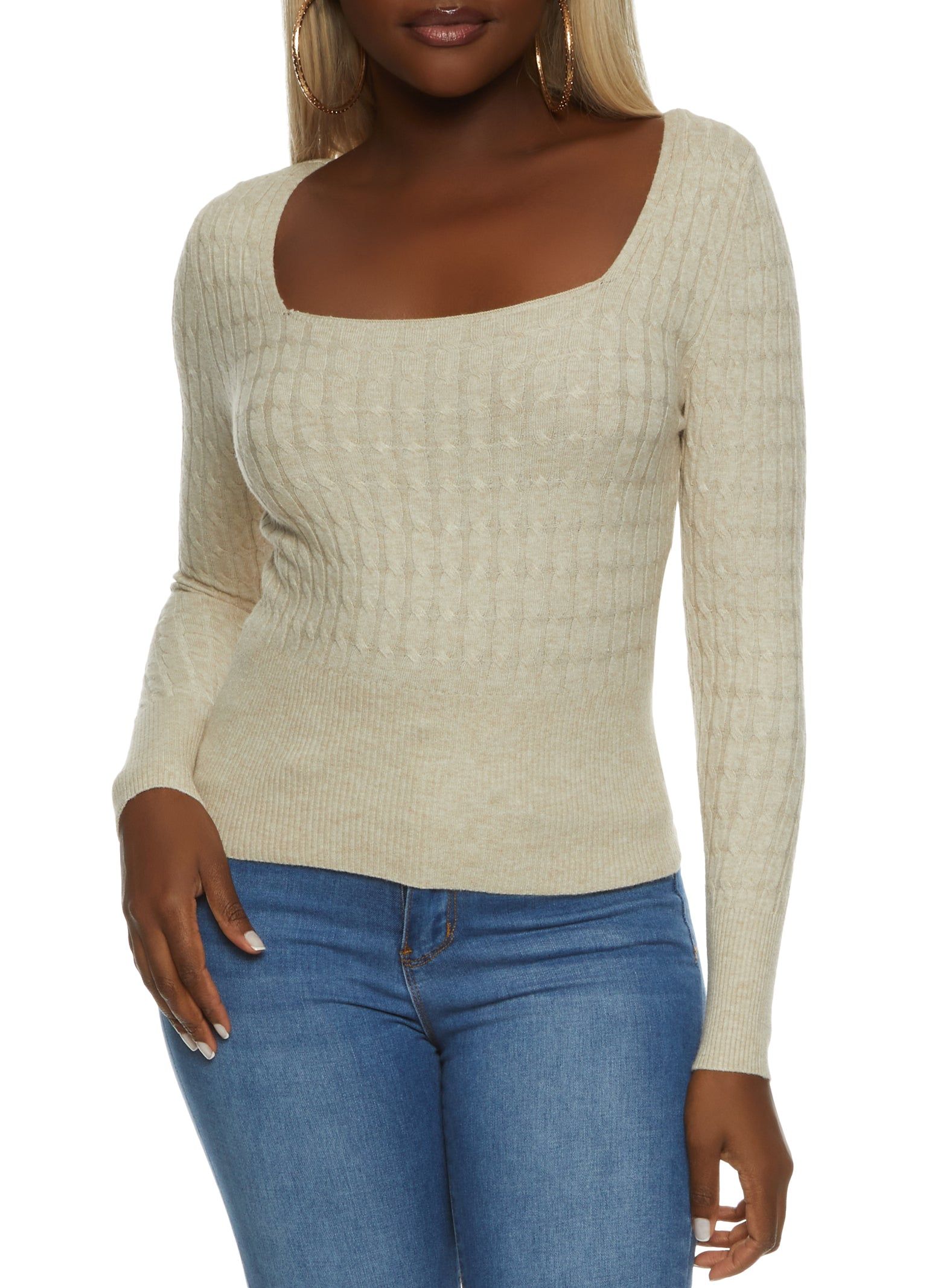 Ribbed Cable Knit Square Neck Sweater sold by Rainbow