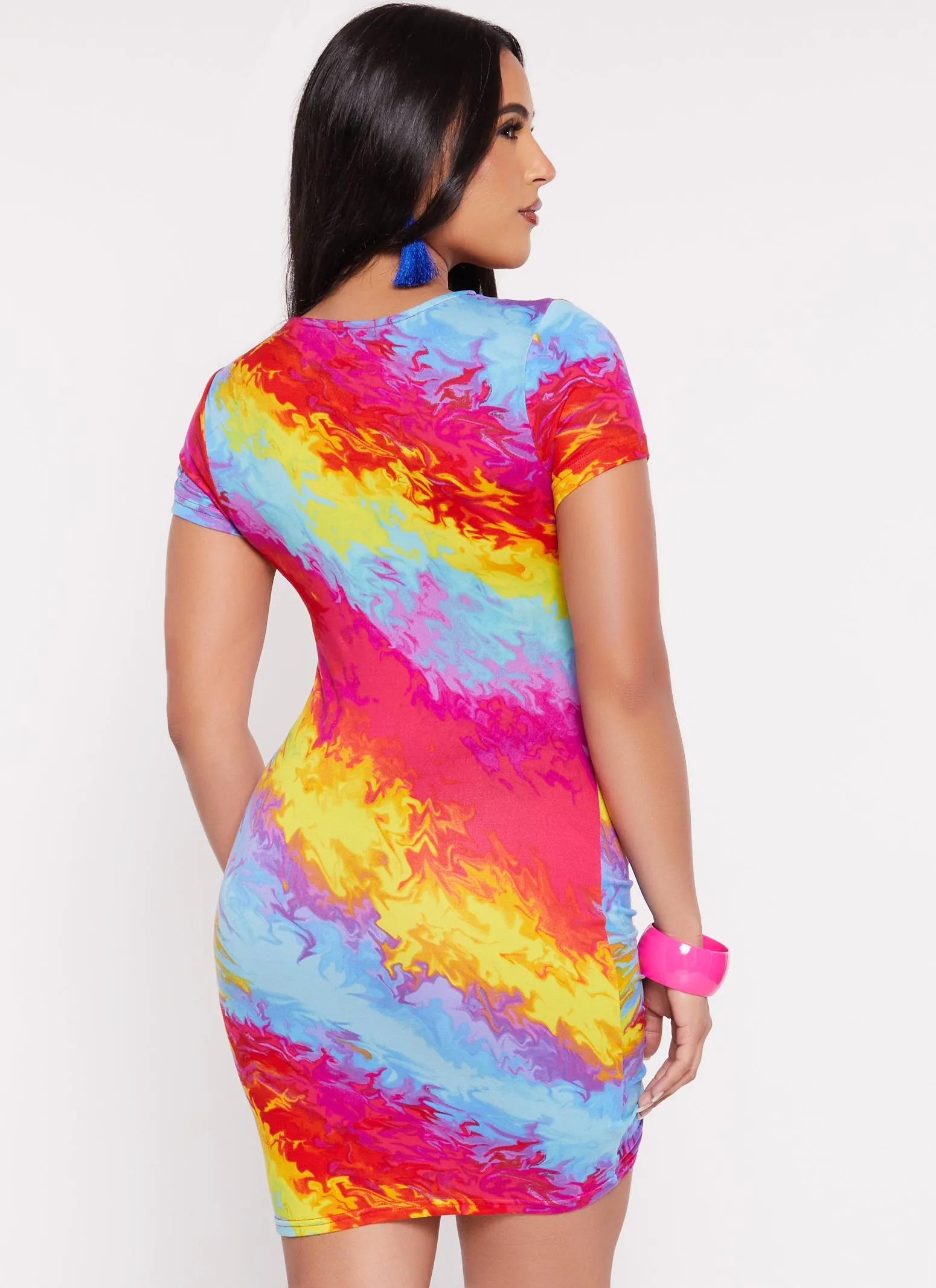Rainbow Tie Dye Ruched T Shirt Dress sold by Rainbow product image thumbnail 3