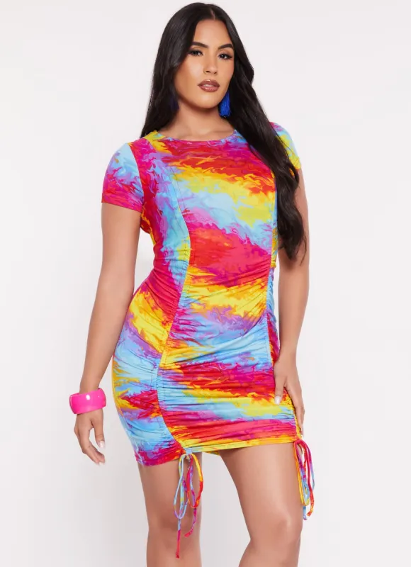 Rainbow Tie Dye Ruched T Shirt Dress sold by Rainbow
