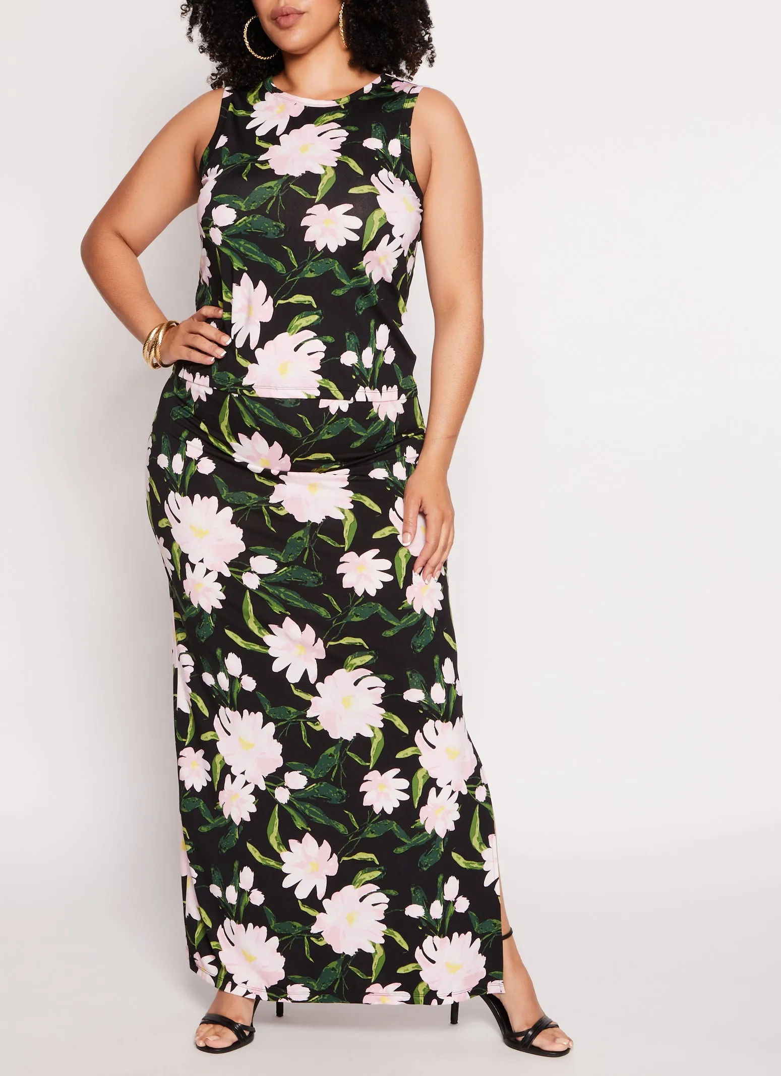 Plus Size Floral Tank Top and Maxi Skirt Set sold by Rainbow