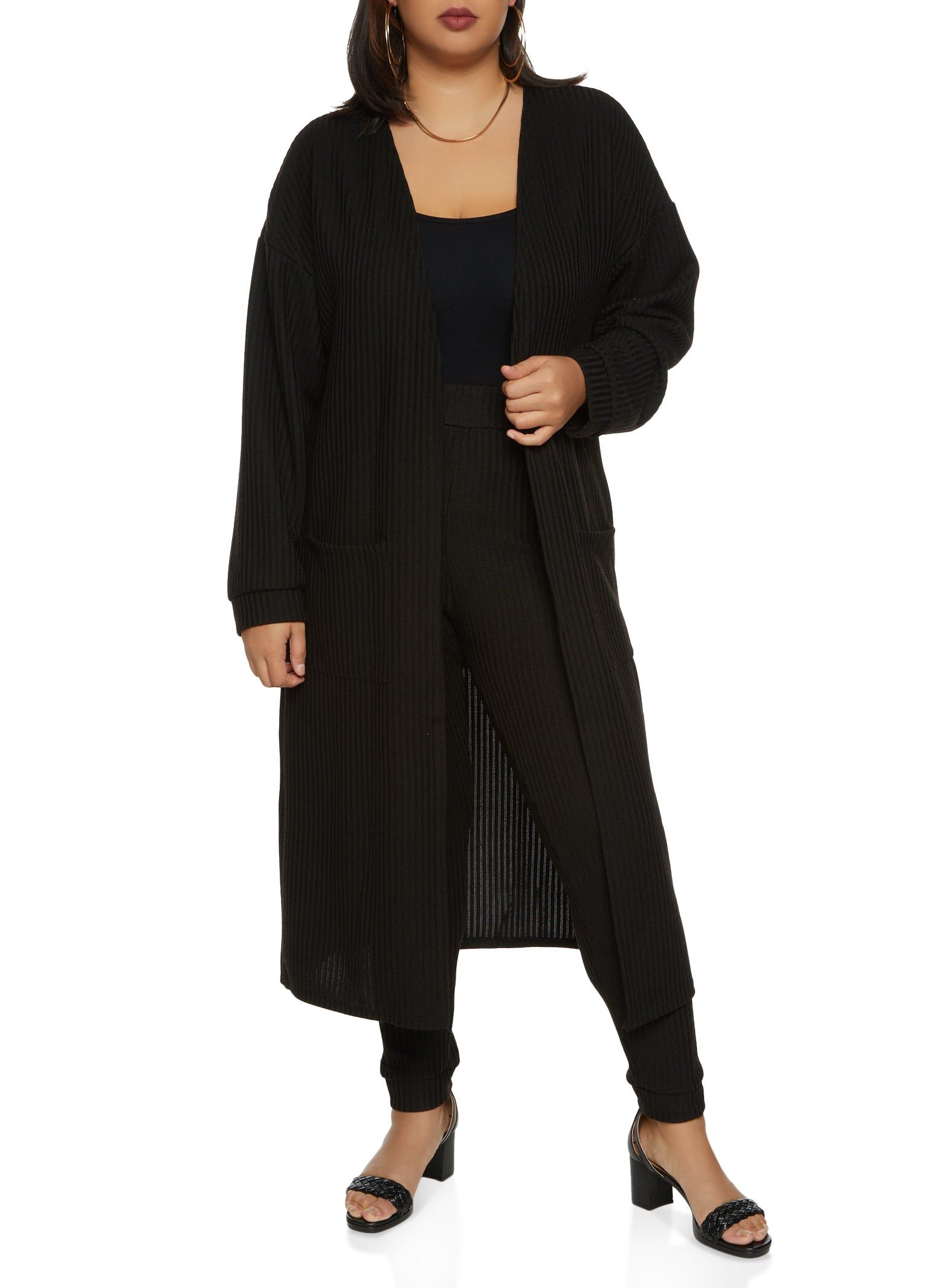 Plus Size Ribbed Knit Pocket Long Cardigan sold by Rainbow product image thumbnail 2