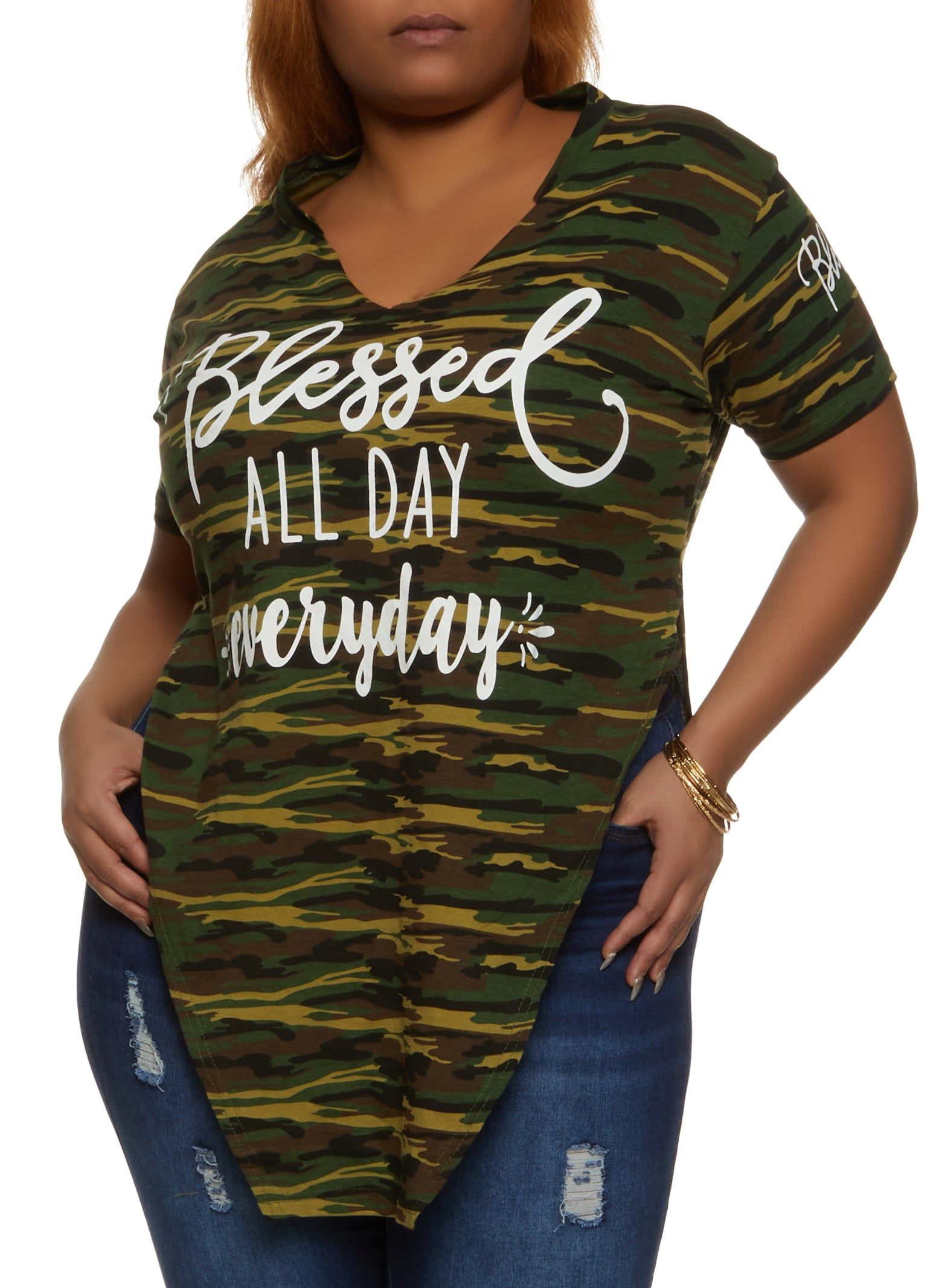 Plus Size Camo Blessed All Day Everyday Hanky Hem Graphic Tee sold by Rainbow