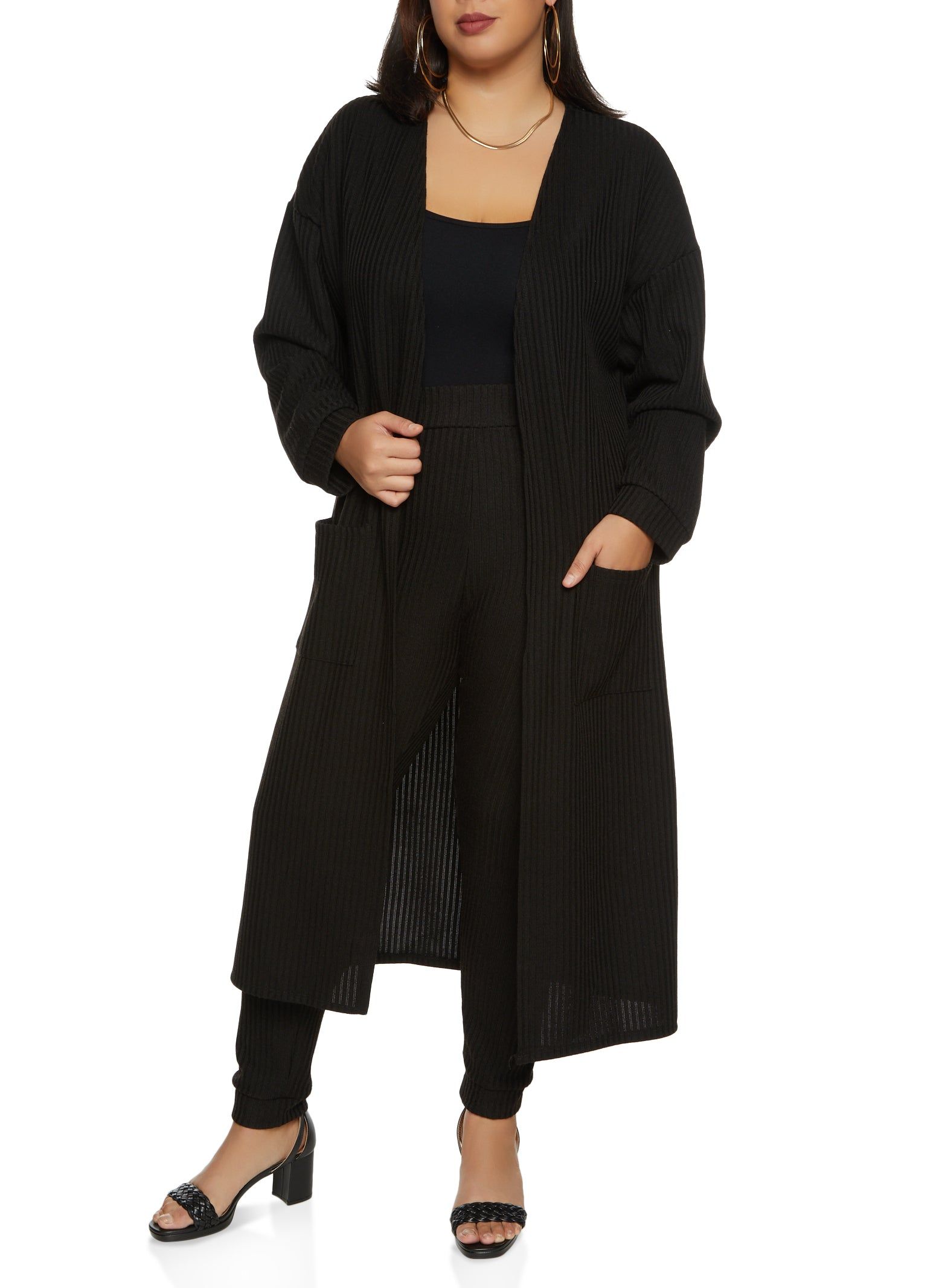 Plus Size Ribbed Knit Pocket Long Cardigan sold by Rainbow
