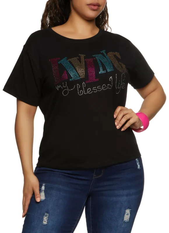 Plus Size Living My Blessed Life Rhinestone Graphic T Shirt sold by Rainbow