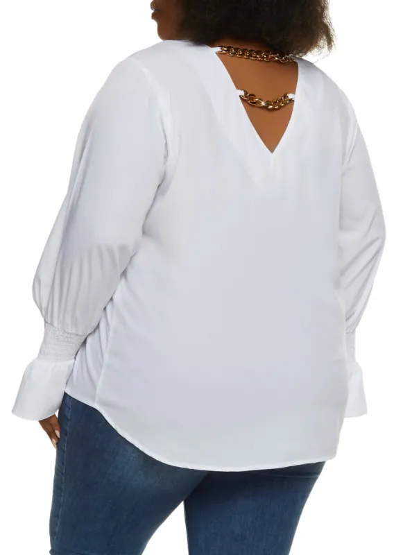 Plus Size Caged Back Chain Detail Long Sleeve Blouse sold by Rainbow