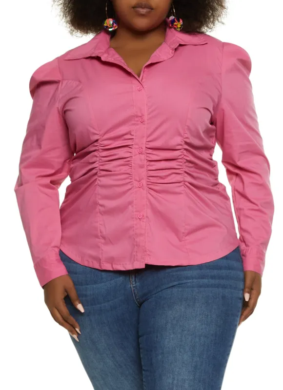 Plus Size Puff Sleeve Ruched Button Down Shirt sold by Rainbow