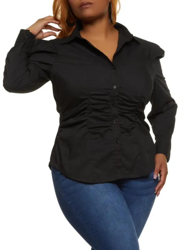 Plus Size Puff Sleeve Ruched Button Down Shirt sold by Rainbow
