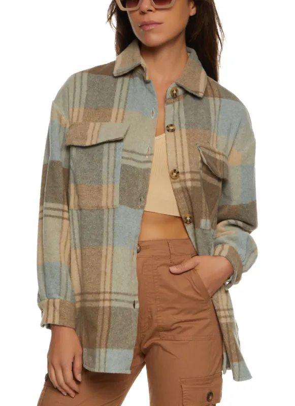 Flannel Button Front Pocket Detail Shacket sold by Rainbow