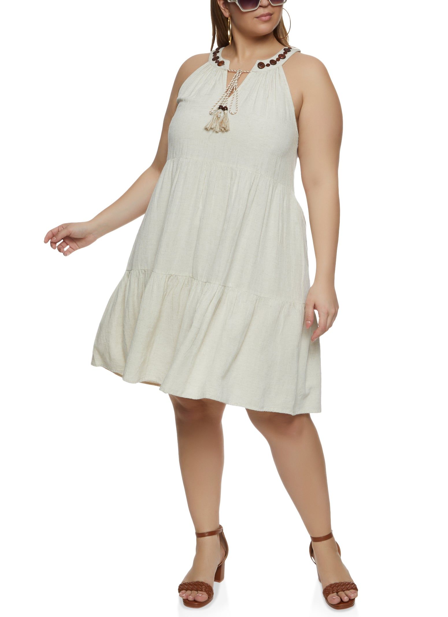Plus Size Linen Beaded Tie Neck Shift Dress sold by Rainbow product image thumbnail 2