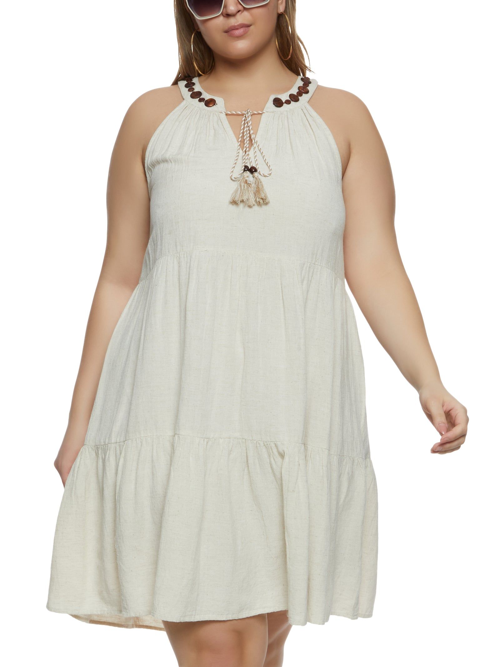 Plus Size Linen Beaded Tie Neck Shift Dress sold by Rainbow