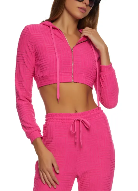 Terry Cloth Zip Front Cropped Hoodie sold by Rainbow