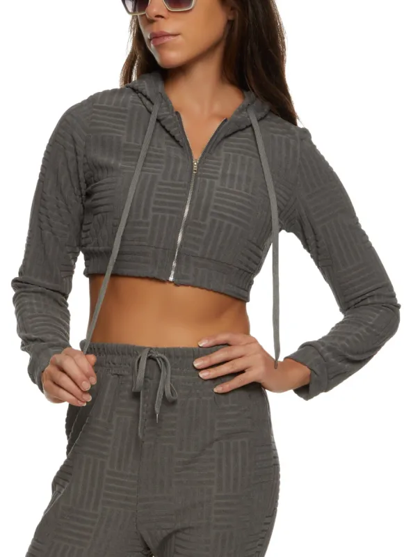Terry Cloth Zip Front Cropped Hoodie sold by Rainbow