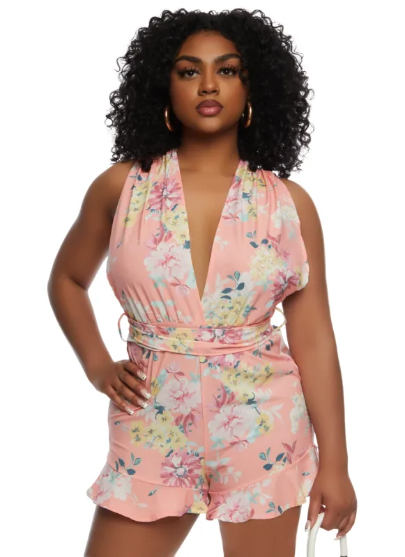 Haute Monde Floral Print Criss Cross Tie Back Romper sold by Rainbow