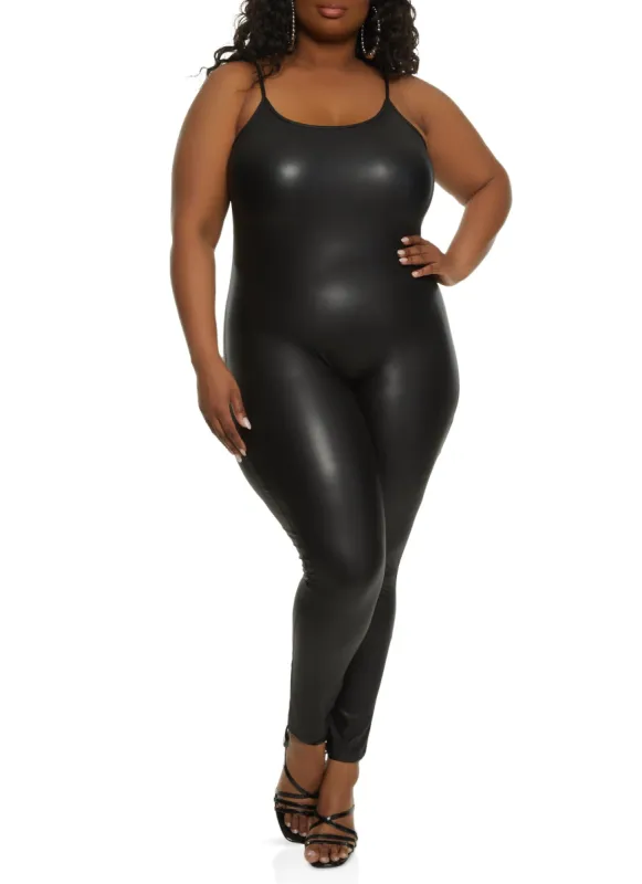 Plus Size Faux Leather Scoop Neck Catsuit sold by Rainbow
