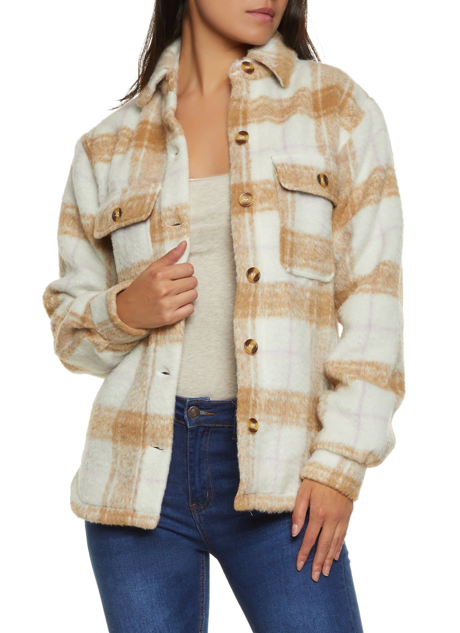 Plaid Fleece Pocket Shacket sold by Rainbow