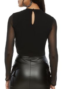 Ribbon Trim Long Sleeve Mesh Crop Top sold by Rainbow