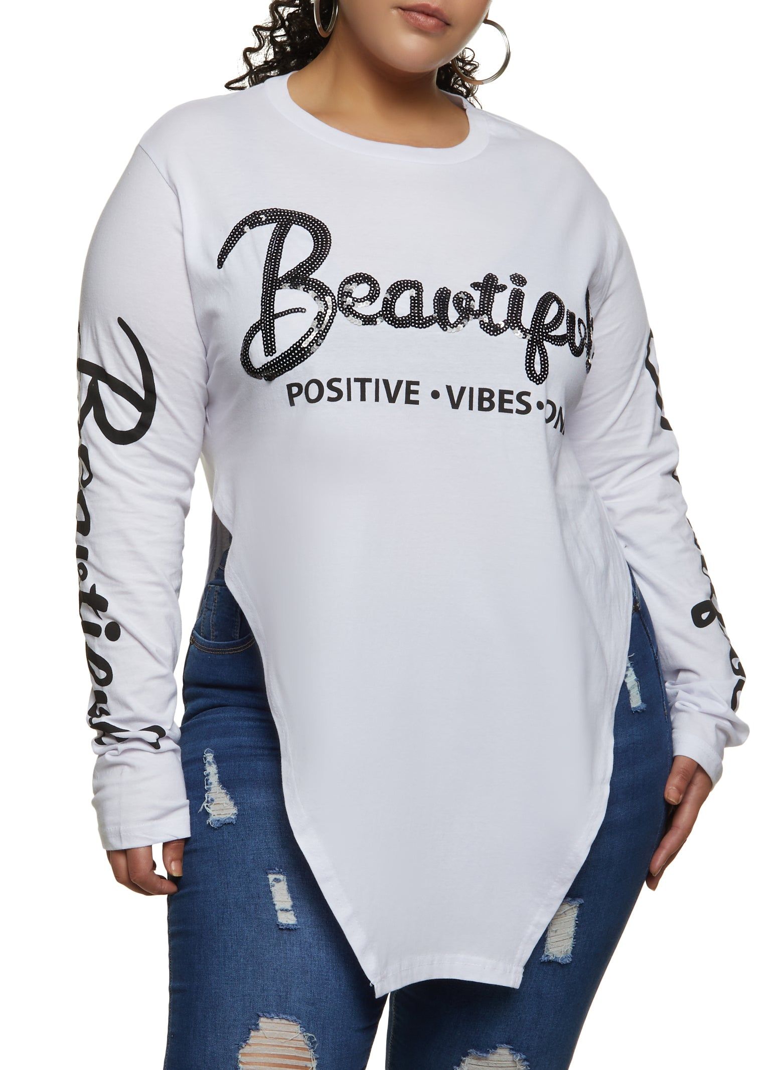 Plus Size Beautiful Sequin Hanky Hem Graphic Tee sold by Rainbow