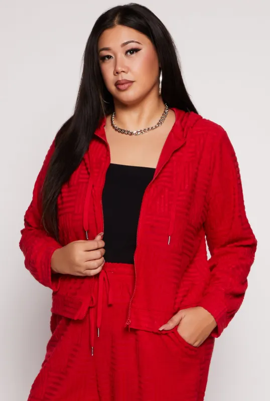 Plus Size Chenille Patterned Zip Front Hoodie sold by Rainbow