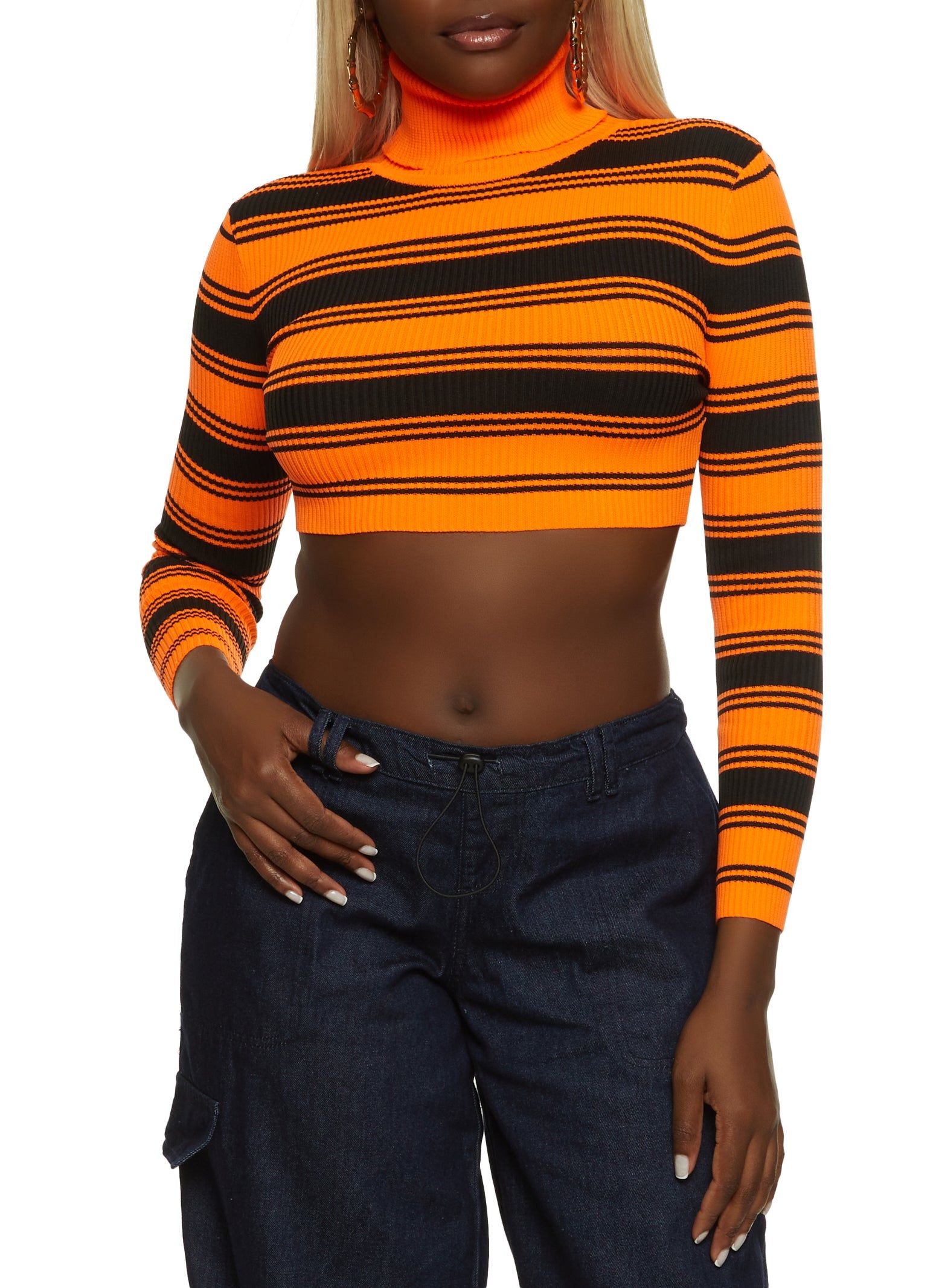 Striped Ribbed Knit Turtleneck Crop Top sold by Rainbow