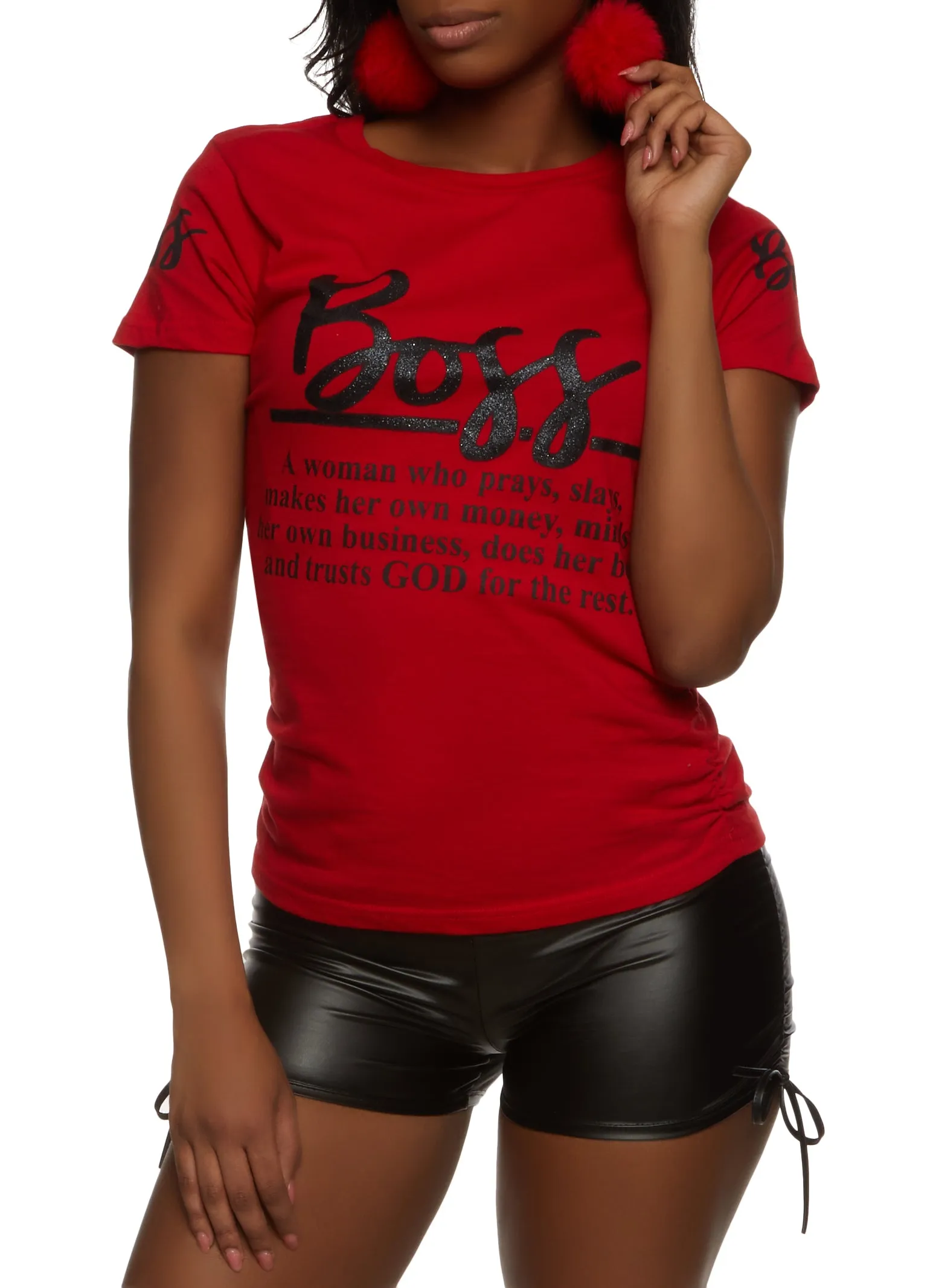 Ruched Side Boss Glitter Graphic Tee sold by Rainbow