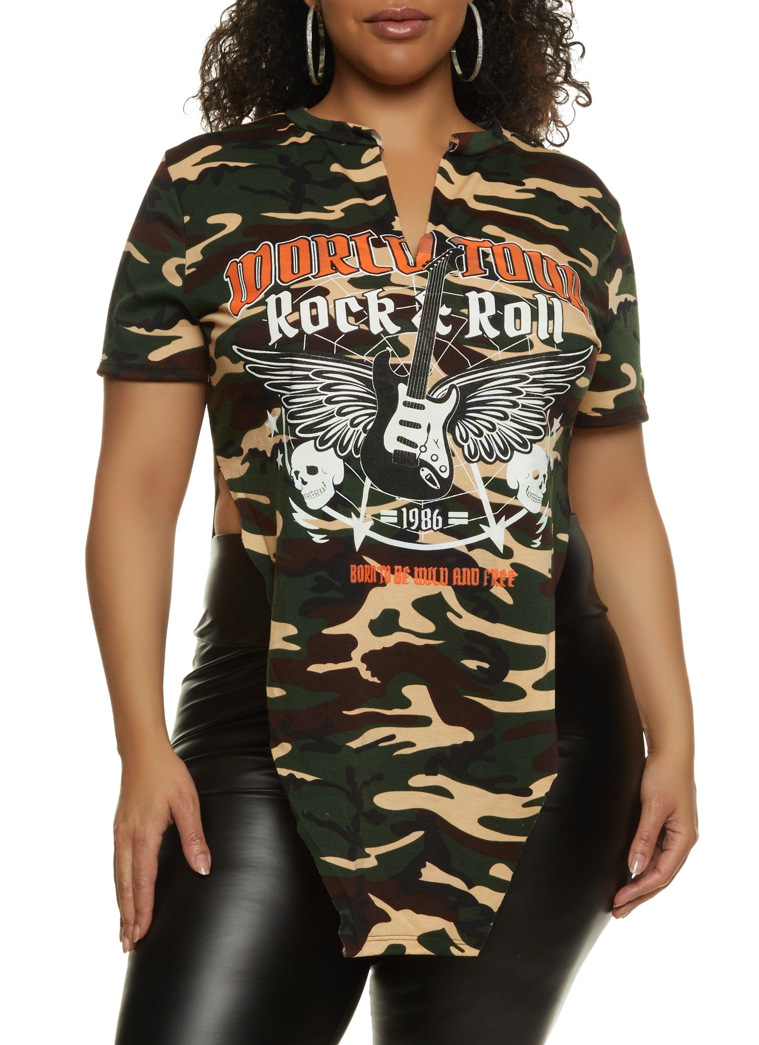 Plus Size Camo Hanky Hem Graphic Tee sold by Rainbow
