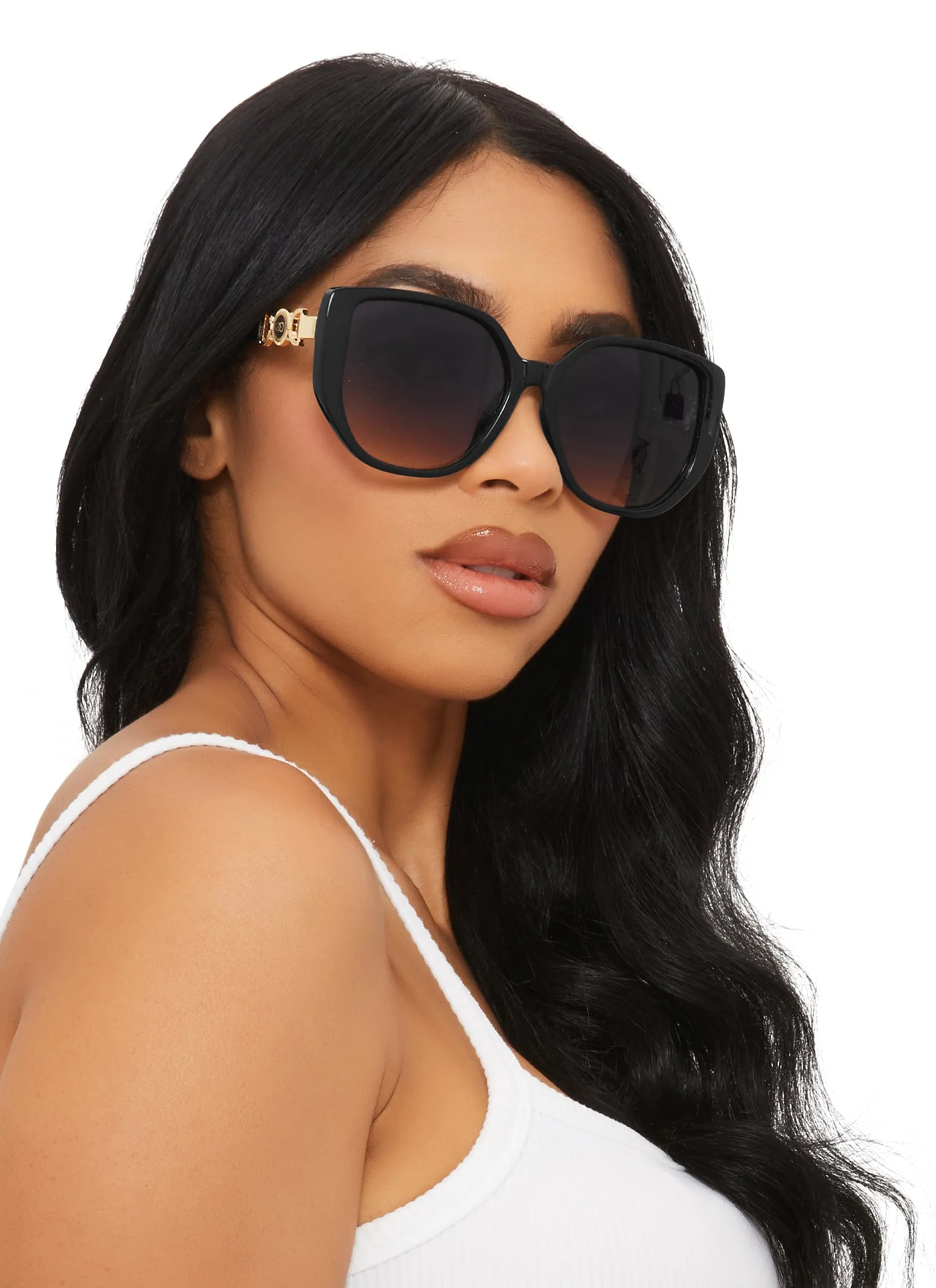 Metallic Temple Detail Thick Frame Sunglasses sold by Rainbow