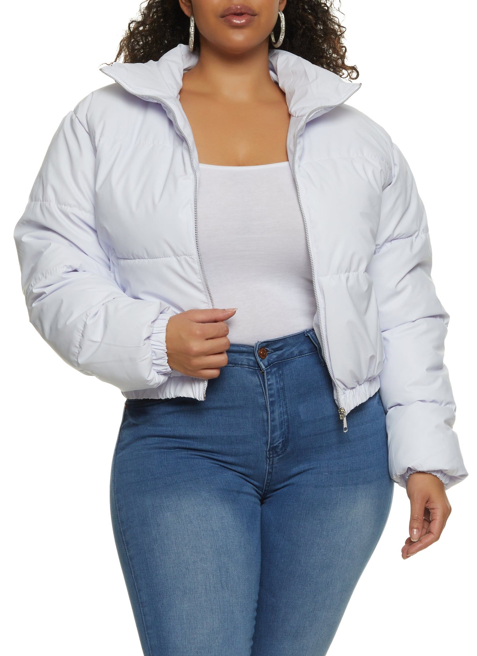 Plus Size Faux Leather Zip Front Puffer Jacket sold by Rainbow