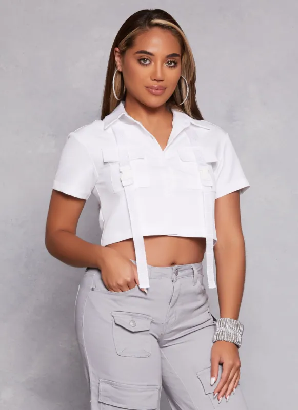 Release Buckle Flap Pocket Cropped Shirt sold by Rainbow