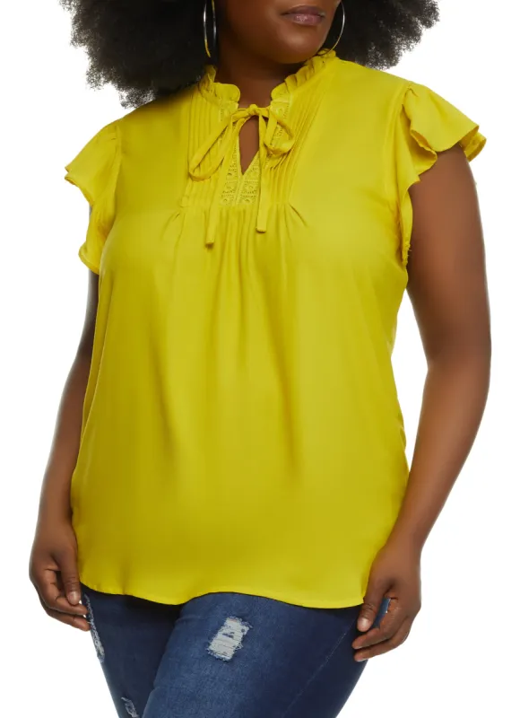 Plus Size Flutter Sleeve Tie Neck Blouse sold by Rainbow