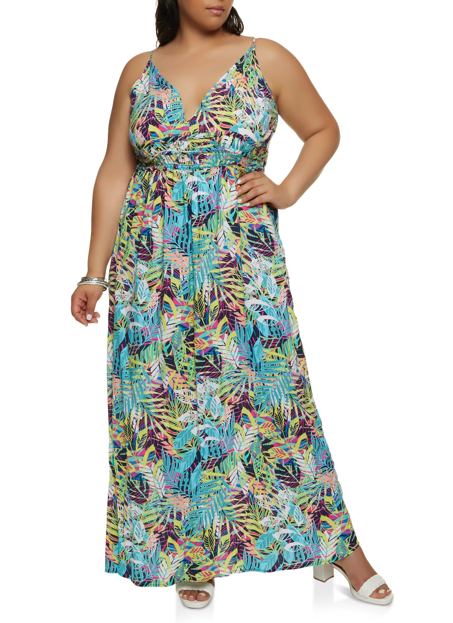 Plus Size Tropical Print Ruched Waist Maxi Dress sold by Rainbow