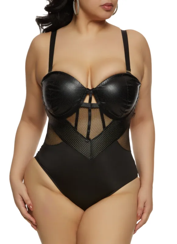 Plus Size Fishnet Caging Bustier Bodysuit sold by Rainbow