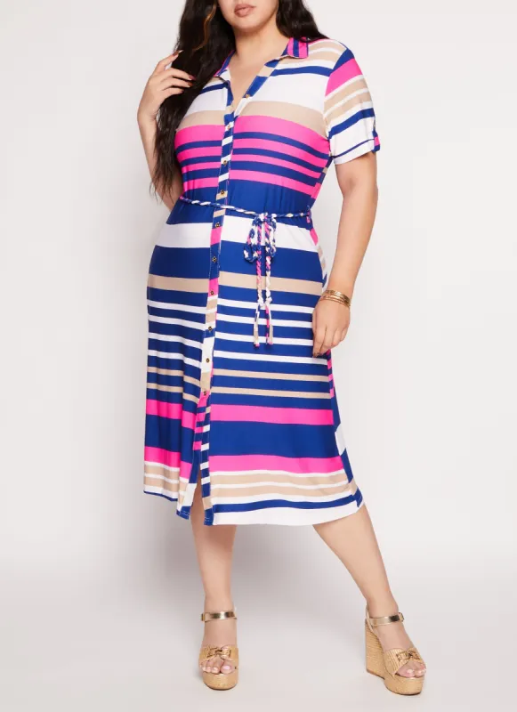 Plus Size Short Sleeve Striped Midi Shirt Dress sold by Rainbow