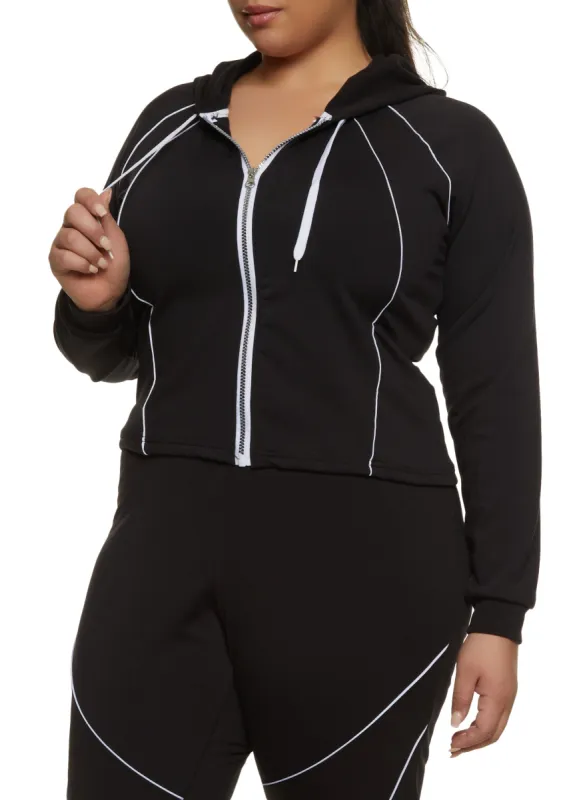 Plus Size Contrast Piping Zip Front Hooded Top made by Rainbow