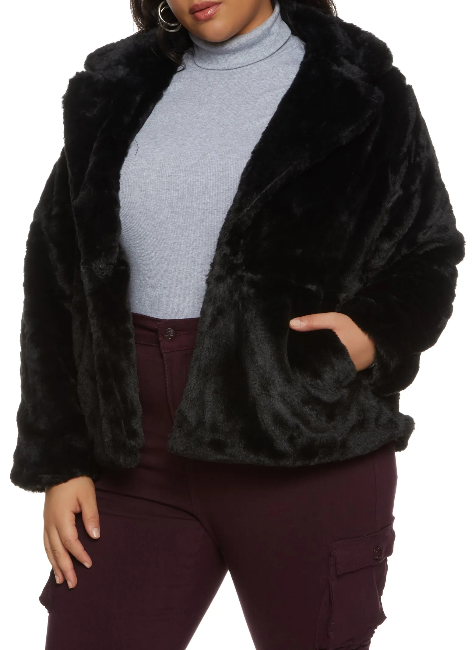 Plus Size Snap Button Front Faux Fur Jacket sold by Rainbow
