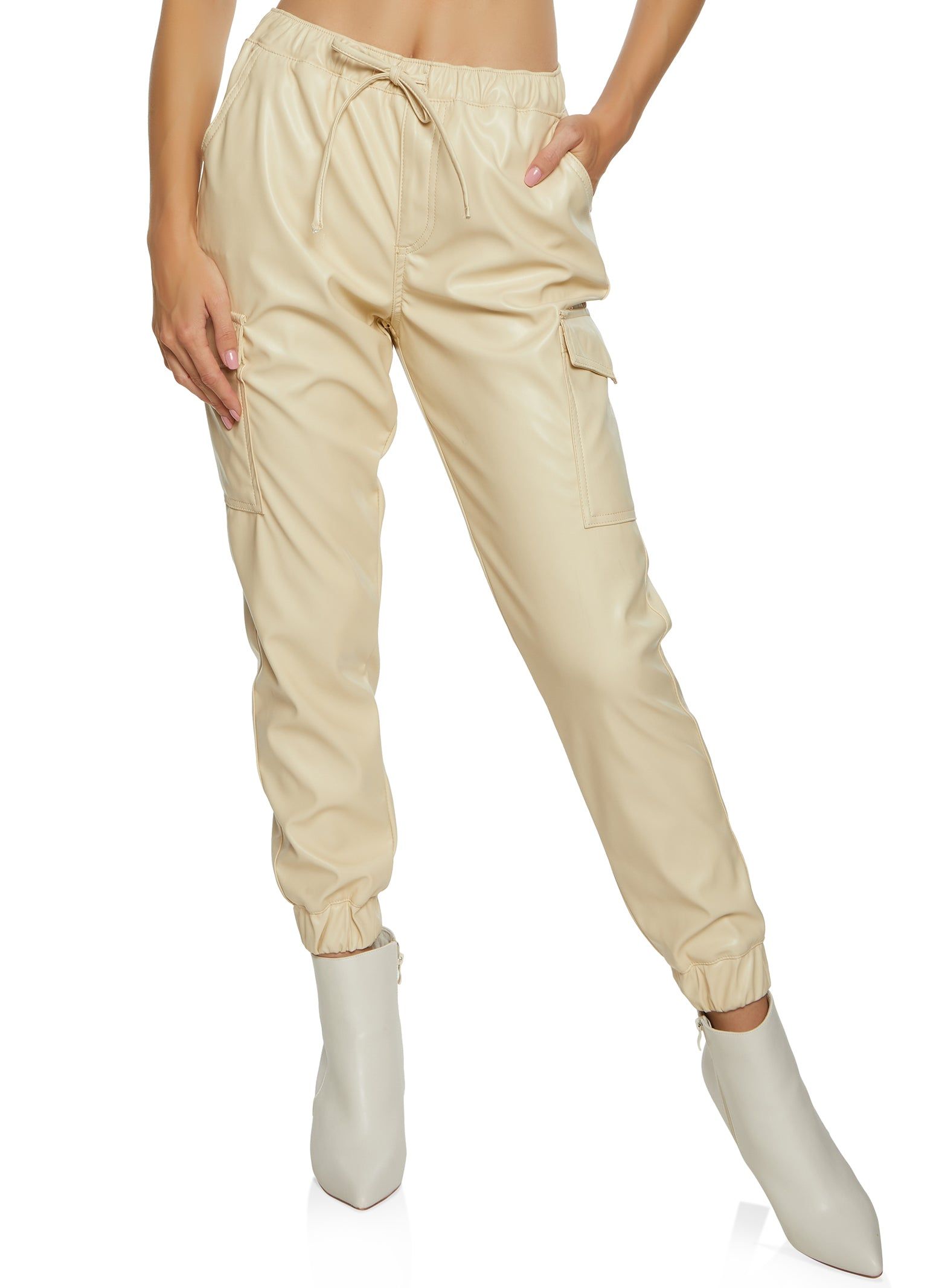 Faux Leather High Waist Cargo Pocket Joggers sold by Rainbow