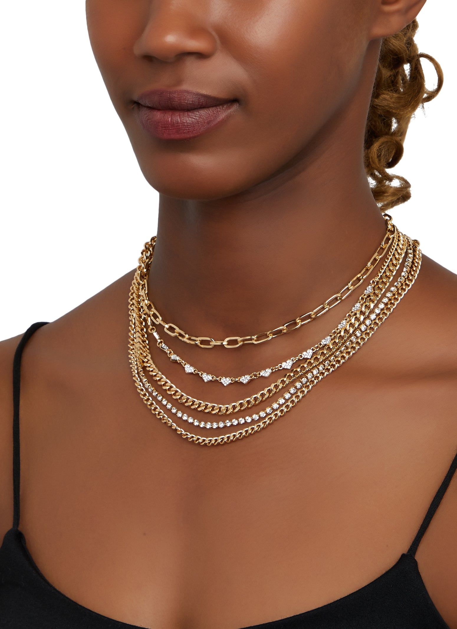 Metallic Layered Heart Rhinestone Chain Necklace sold by Rainbow