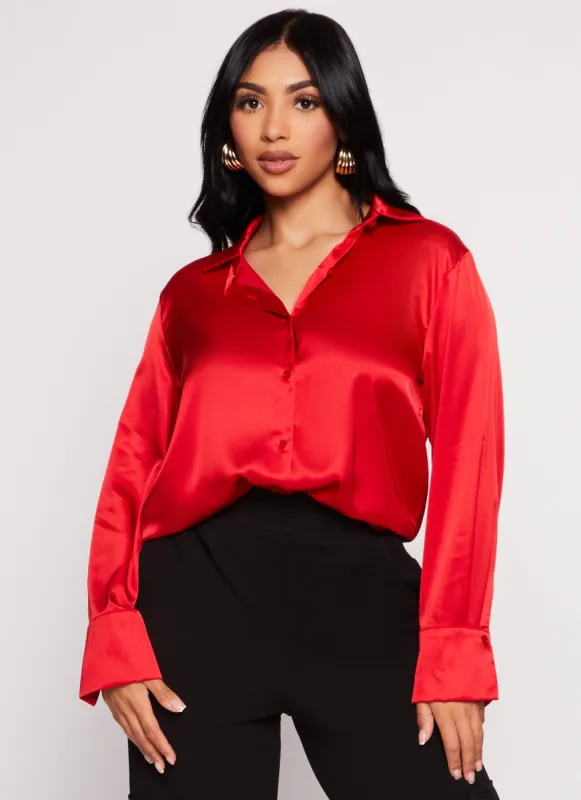 Satin Button Front Long Sleeve Shirt sold by Rainbow