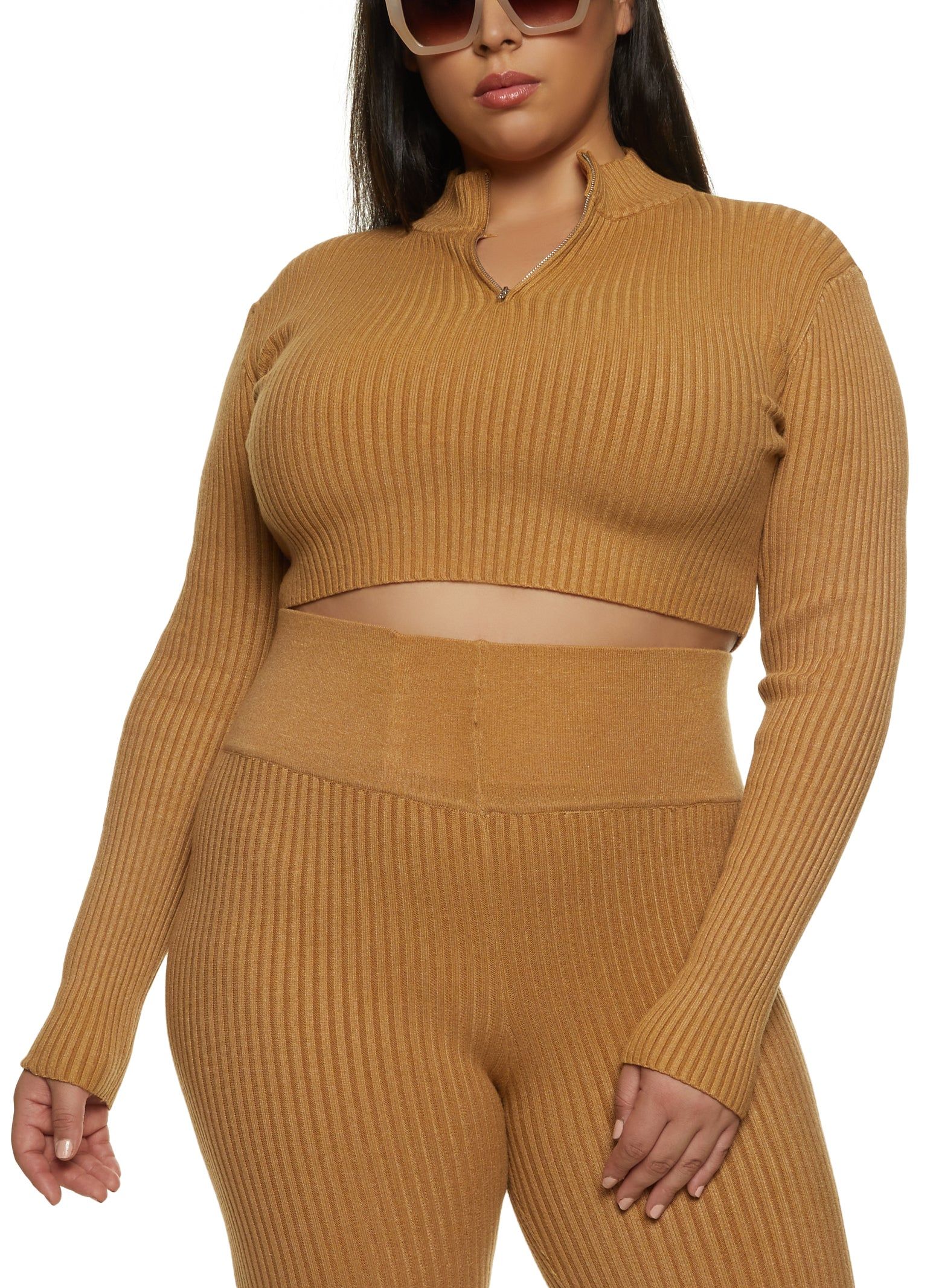 Plus Size Ribbed Zip Neck Crop Top sold by Rainbow