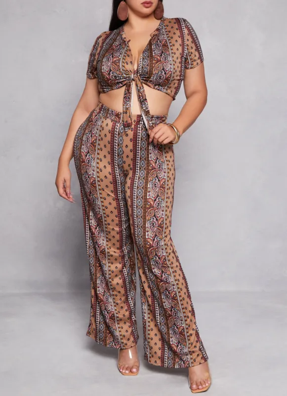 Plus Size Border Print High Waist Wide Leg Pants sold by Rainbow