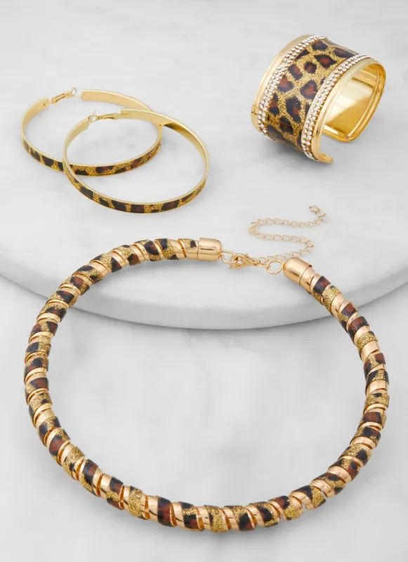 Leopard Patterned Necklace with Bracelet and Hoop Earrings sold by Rainbow