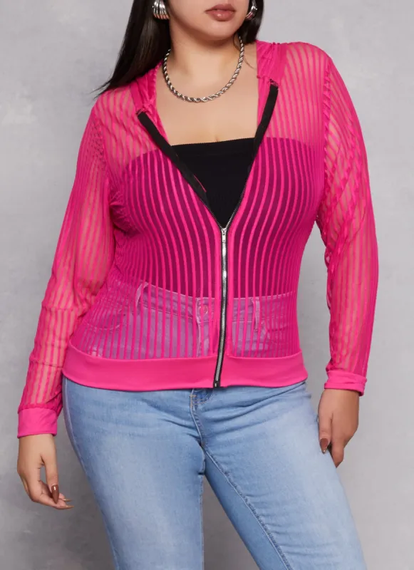 Plus Size Mesh Shadow Striped Zip Front Hoodie sold by Rainbow