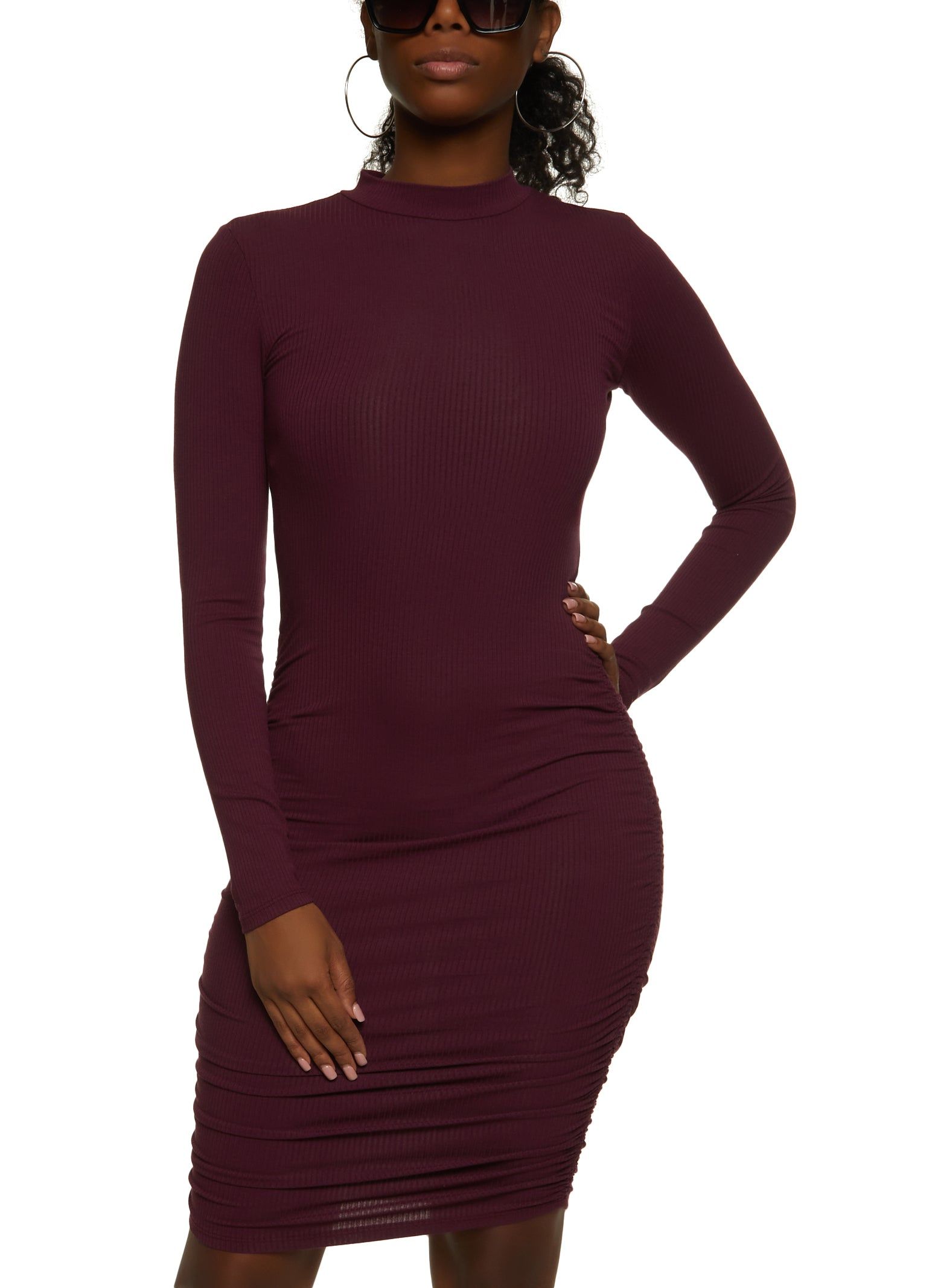 Ribbed Mock Neck Ruched Midi Dress sold by Rainbow