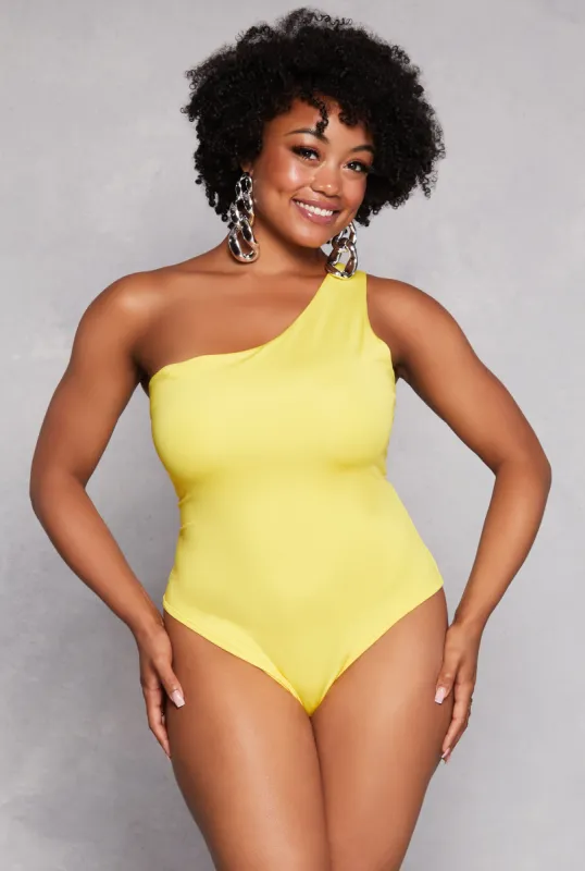 Plus Size Daisy Double Lined One Shoulder Bodysuit sold by Rainbow