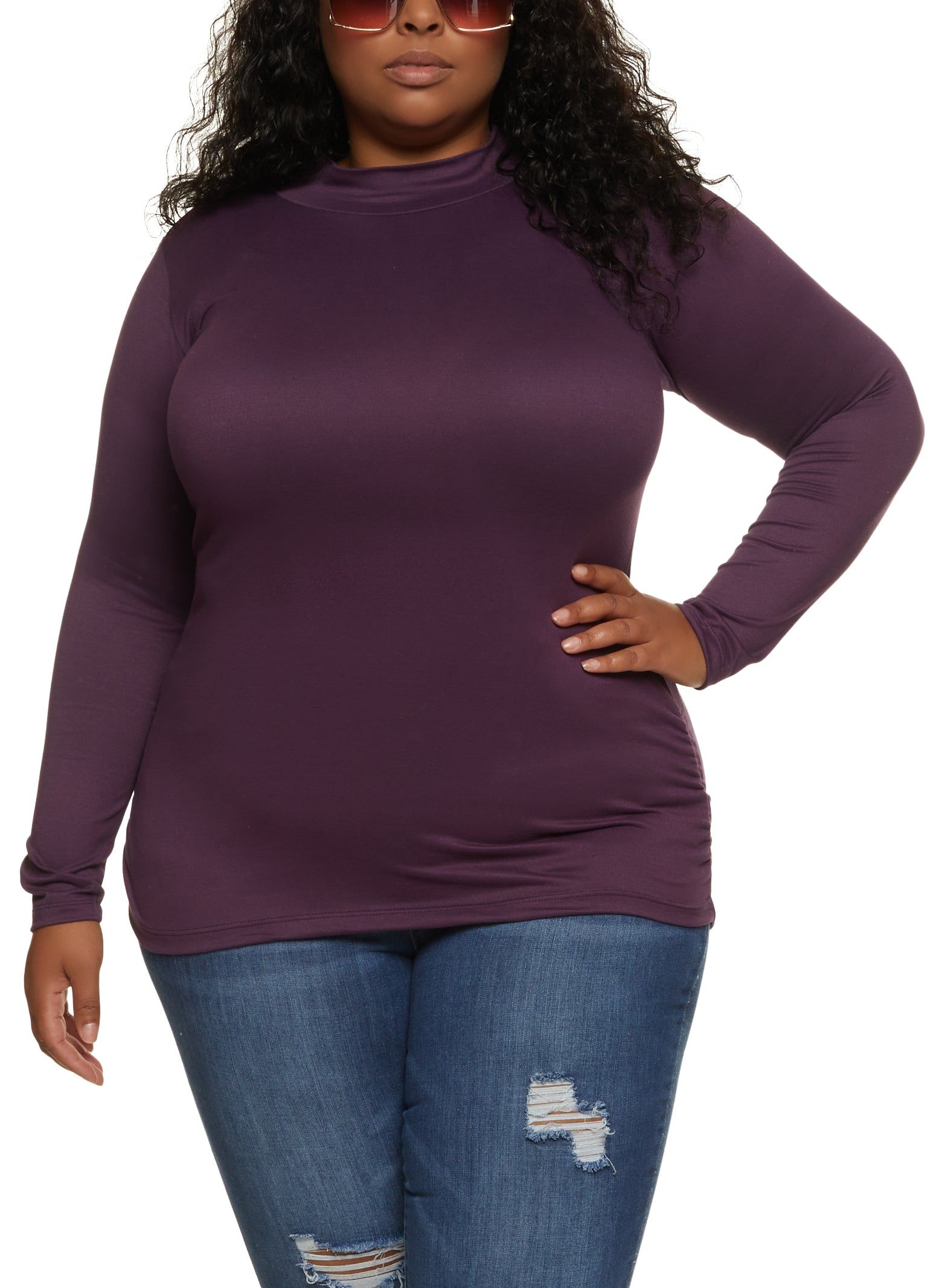 Plus Size Basic Mock Neck Ruched Side Top sold by Rainbow