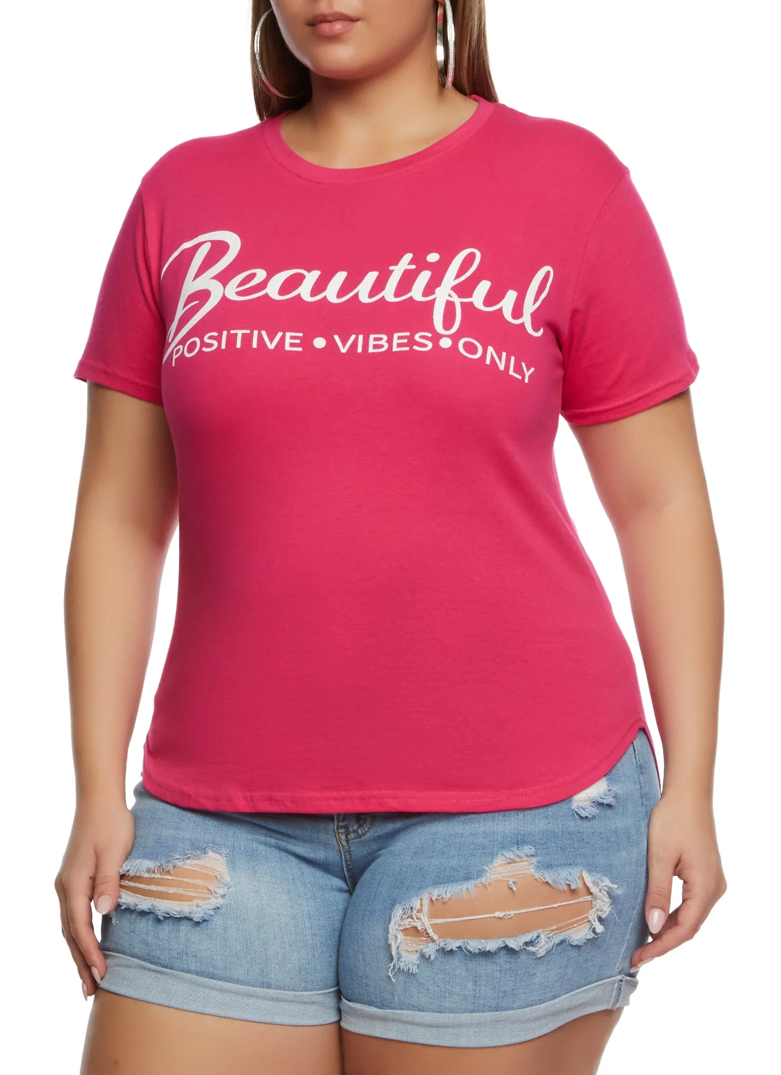 Plus Size Beautiful Positive Vibes Only Graphic High Low Tee sold by Rainbow