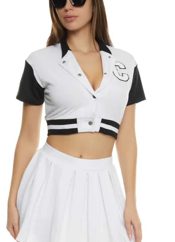 C Chenille Patch Cropped Varsity Jacket sold by Rainbow