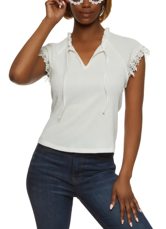 Textured Knit Lace Trim Sleeve Blouse sold by Rainbow
