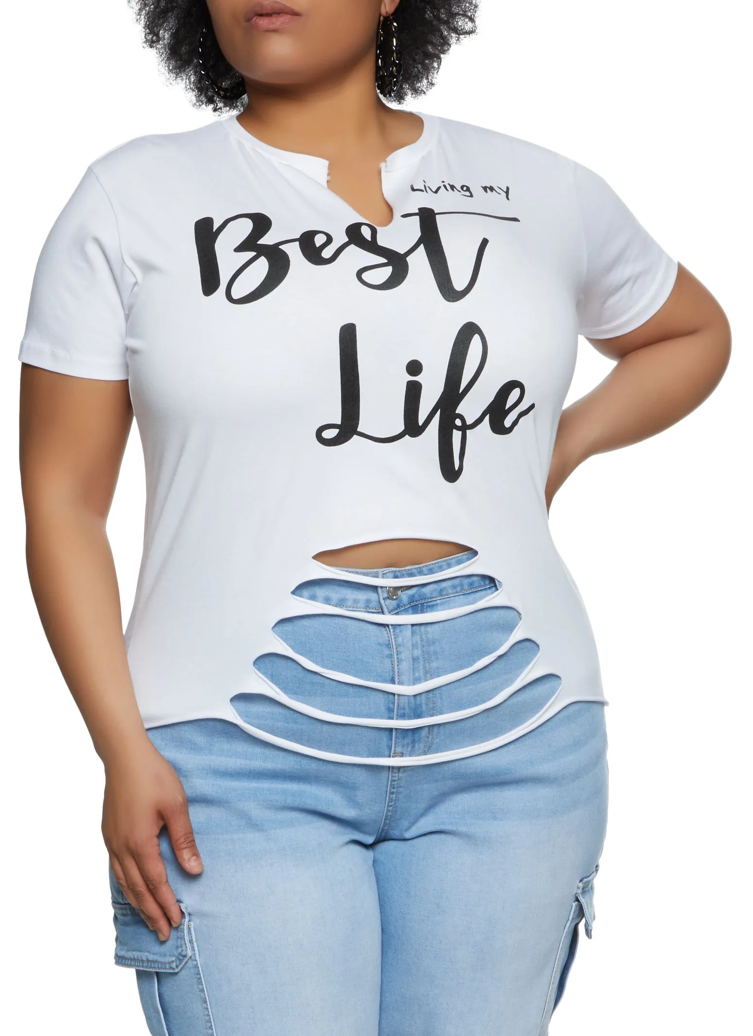 Plus Size Living My Best Life Laser Cut Graphic Tee sold by Rainbow