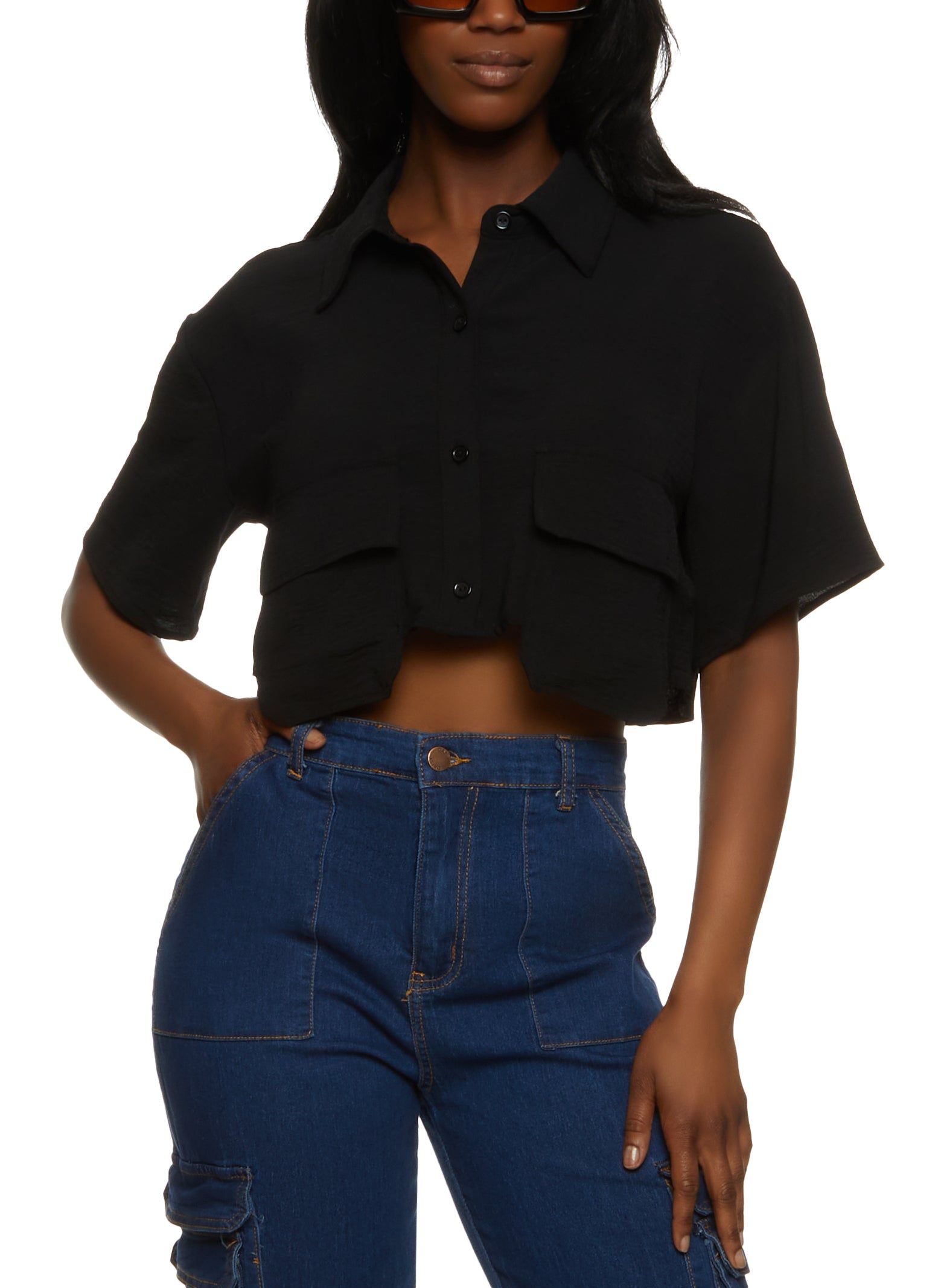 Cropped Flap Pocket Detail Button Front Shirt sold by Rainbow