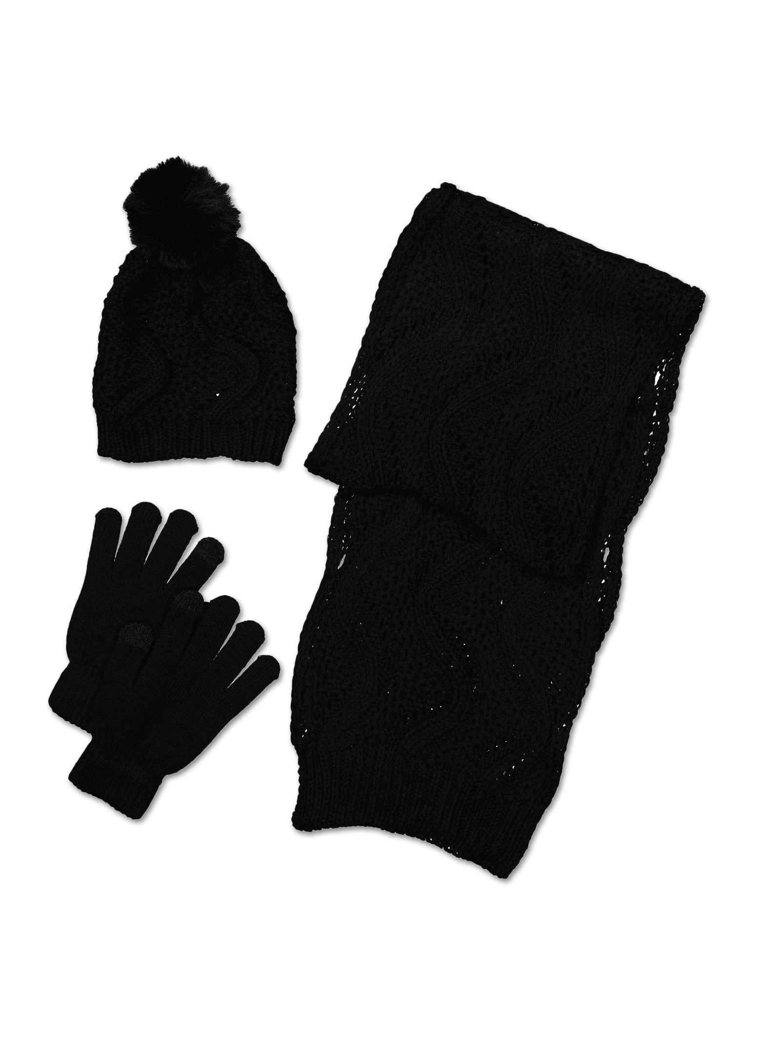Pointelle Knit Scarf and Pom Pom Beanie with Gloves sold by Rainbow